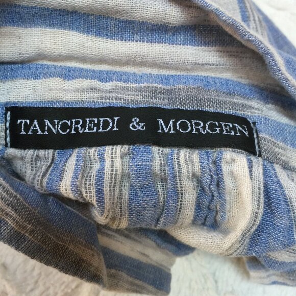 Tancredi & Morgen Top Women's High Neck Button Front Blue Striped Shirt Blouse - Picture 3 of 6